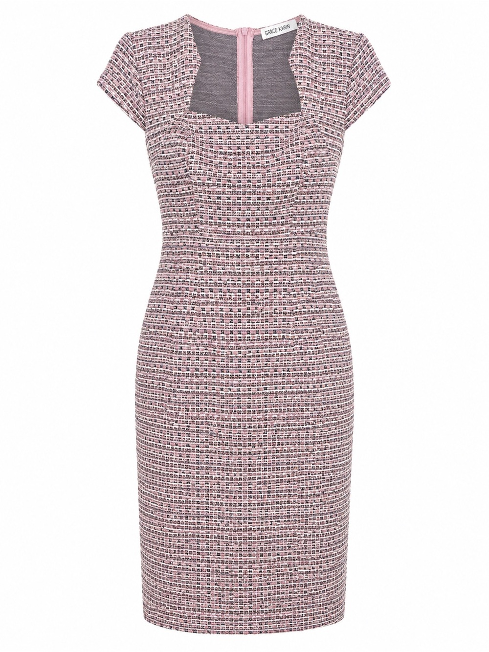 Grace Karin Pink Tweed Midi Sheath Dress with Square Neck